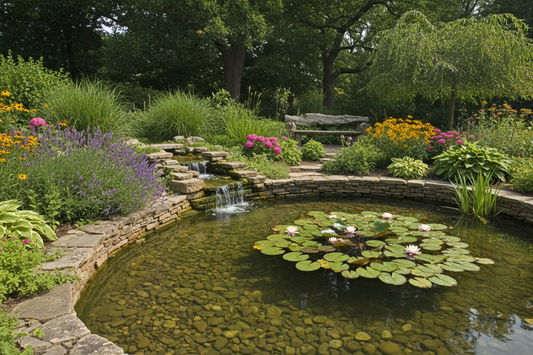 Step one to building a pond is choosing the right location for your pond just like what was achieved in this garden
