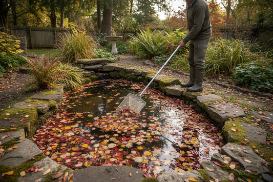Removing fallen leaves from a pond before they submerge and decay affecting water quality