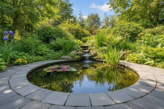 Formal shaped pond with paving slabs used to secure pond liner and underlay in place