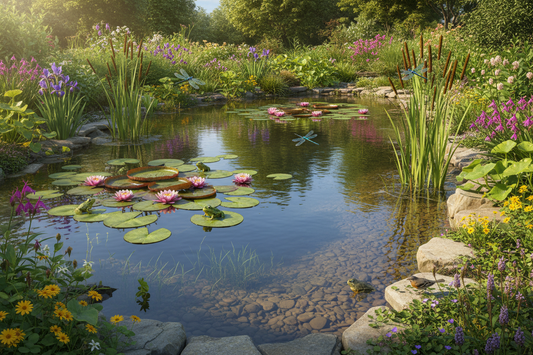 Wildlife pond with sloping edges and natural aquatic plants for pollinators