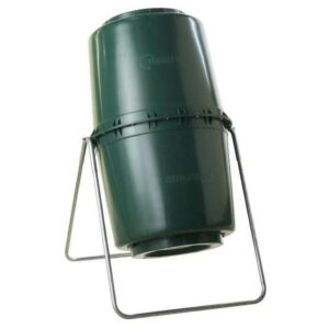 Tumbling compost bin that is designed to be rotated frequently to speed up decomposition.