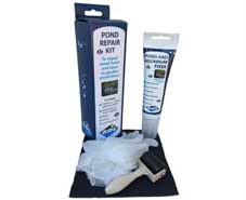 Pond liner repair kit includes sealant, pond liner adhesive patch, roller and gloves.